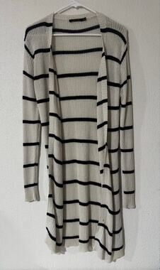 Doe & Rae Striped Ribbed Knit Open-Front Longline Duster Cardigan Size M Office